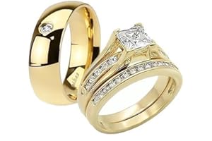 Marimor Jewelry His and Her 14K Gold Plated Stainless Steel 3 Piece Wedding Engagement Ring and Men's Band Set