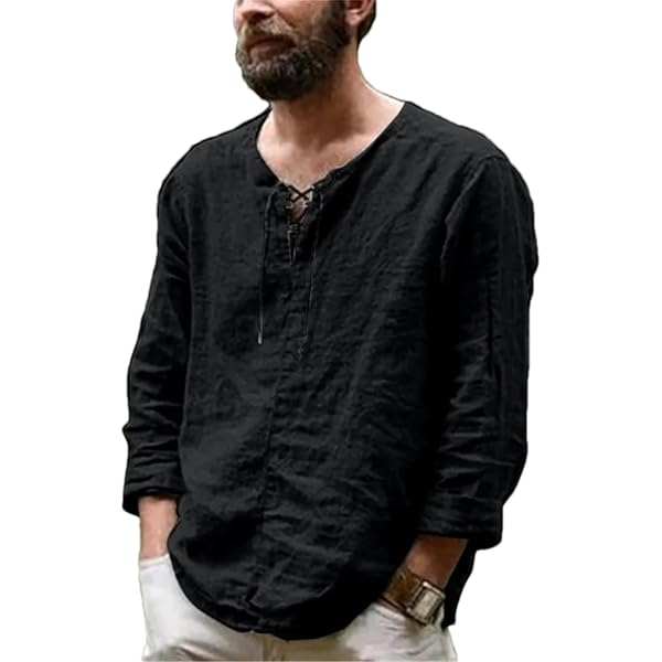 トップス SEE SEE BIG NYLON HENLEY DRAWSTRINGS ss Men's Cotton Linen Henley Shirt V-Neck Drawstring Long