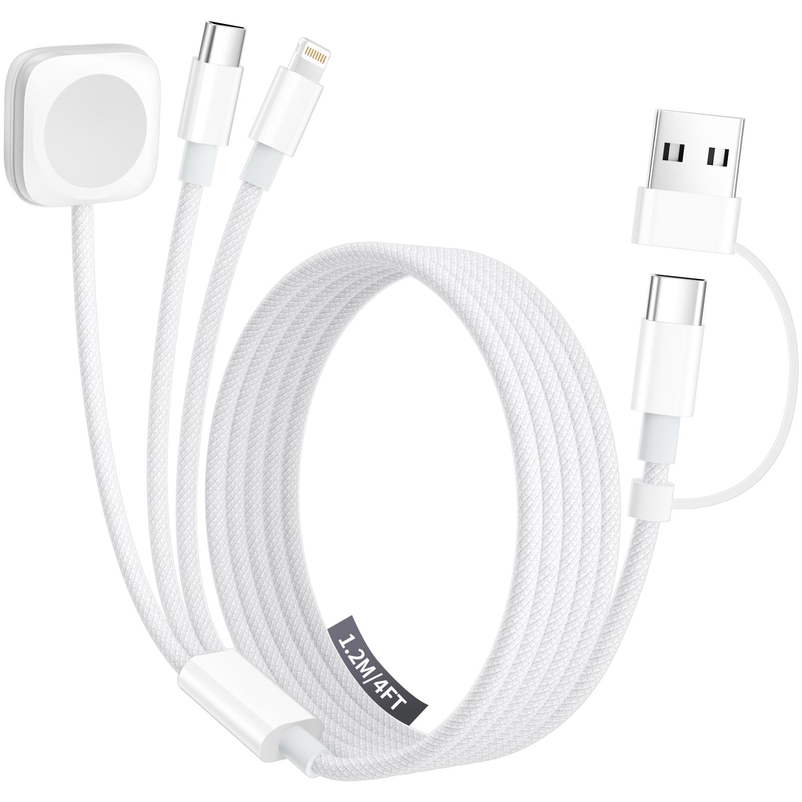 Travel Charger for Apple Watch, 3 in 2 Multi Charging Cable/Cord with Lightning/USB C/iWatch Charger, Travel Chargers for Multiple Devices, Compatible with iWatch Series/iPhone 17-8/iPad/AirPods 4FT