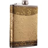 DHinkyoung Golden Pattern Hip Flask 8oz for Men/Women,Personalized Vintage Hip Flask Portable Whiskey Flask Leak Proof Pocket Hips Flask for Climbing Camping Barbecue Bar Party Drinker