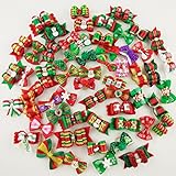 Hixixi 50pcs/Pack Dog Puppy Cat Christmas 3D Rhinestone Hair Bows with Rubber Bands Flat Pet Xmas Grooming Accessories