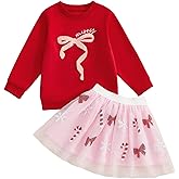 Dcohmch Toddler Girl Christmas Outfit Bow Embroidery Long Sleeve Sweatshirt Sequin Candy Tulle Skirt Fall Winter Clothes