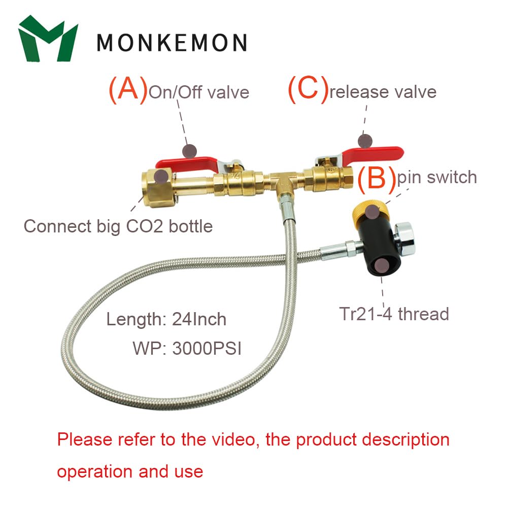 CGA320 CO2 Cylinder Refill Adapter Hose, CO2 Refill Station Connector Kit for Filling Blue Soda-maker Tank(CGA320 to TR21-4 Thread, Dual Valve with Gauge) (24 Inch)