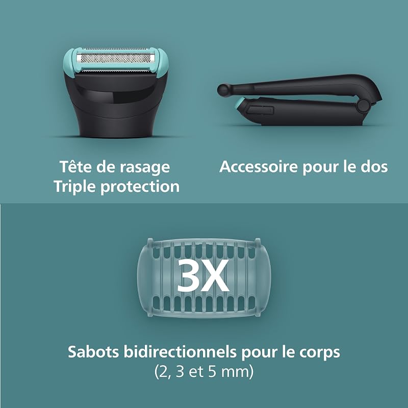 Bodygroom série 5000 - Tondeuse pour hommes avec Triple protection, taille des poils et rasage des zones intimes, accessoire pliant pour le dos, 100% étanche, autonomie de 100 min, BG5480/15