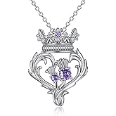 CRMAD Scottish Necklace Gifts for Women Sterling Silver Thistle Amethyst Crown Pendant luckenbooth Jewelry for Mom Birthday Christms