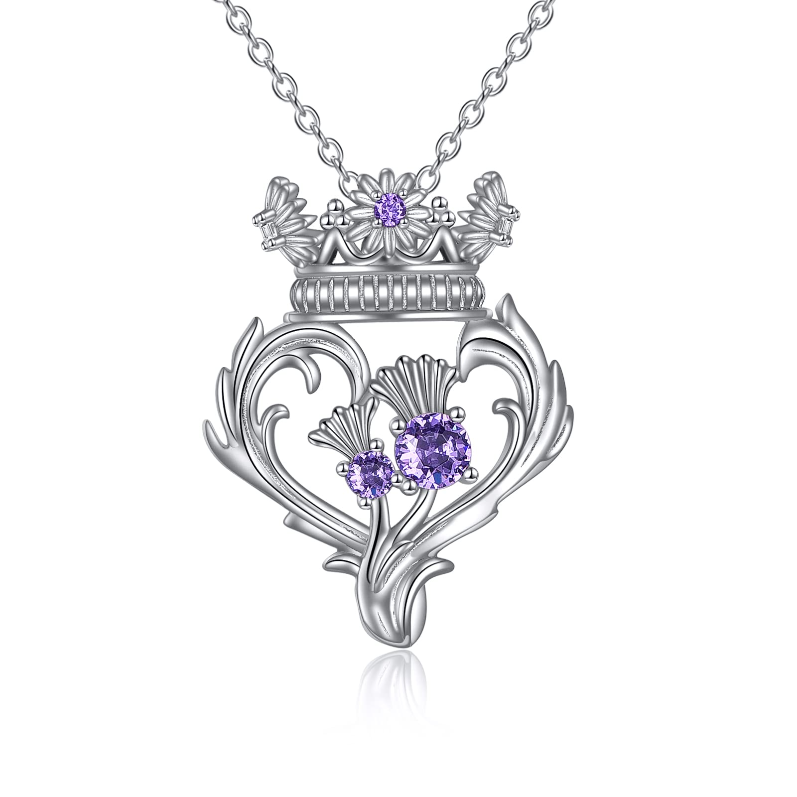 YFN Scottish Necklace Gifts for Women Sterling Silver Thistle Amethyst Crown Pendant luckenbooth Jewellery for Girls Mom Birthday Christms (sliver)