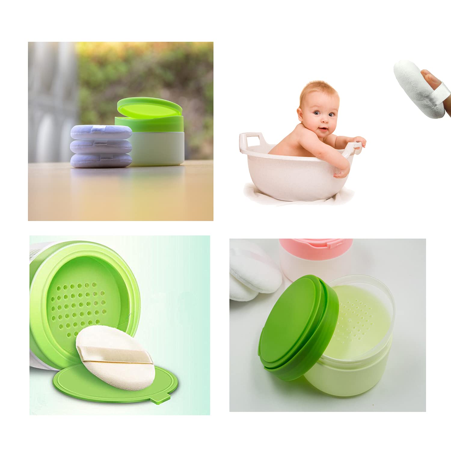 Green Plastic Empty Portable Baby Skin Care After-Bath Powder Puff Talcum Powder Case Container Dispensor Make-up Loose Powder Box Holder Bottle Container Travel Kit with Powder Puff and Sifter