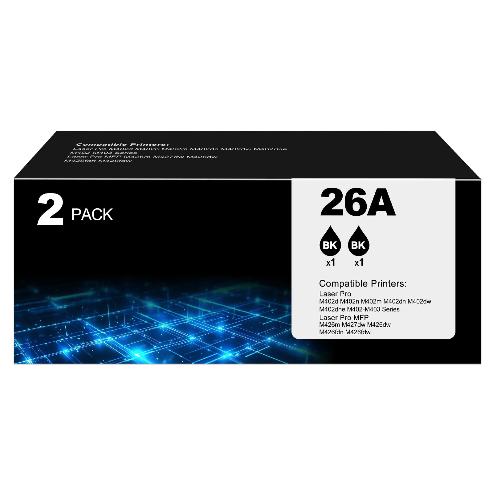Photo 1 of 26A Toner Cartridge Black for HP 26A CF226A 26X CF226X Printer Laser Jet Pro M402n M426fdw Toner Cartridges M402dn M402dw M402m M402 Pro MFP M427dw M426dw M426fdn M426, 2 Pack CF226 226A HP26A HP26X