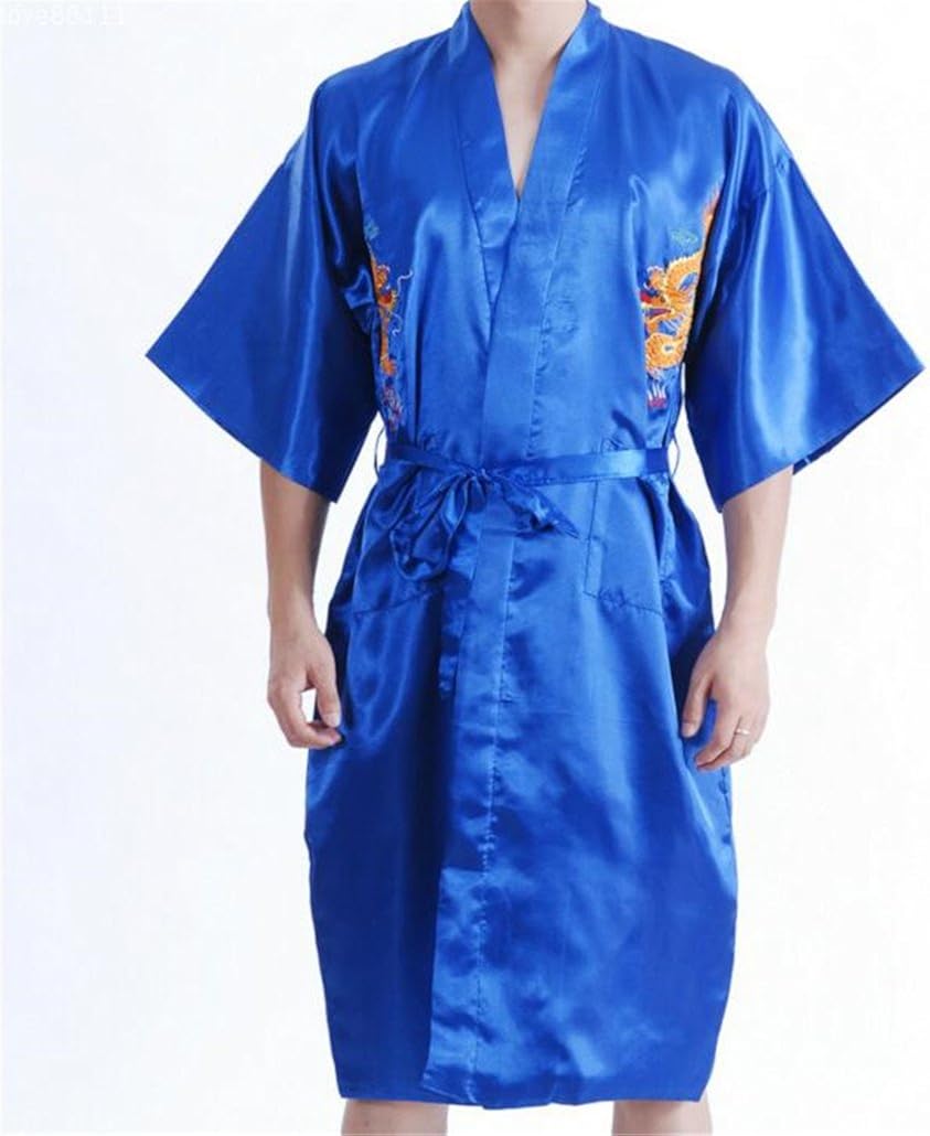 Men’s Dressing Gown Bathrobe Satin Silk Bath Robe Kimono Gown Dragon