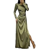 xxxiticat Women's Satin Long Dress Long Sleeve Puff Shoulder Crew Neck Tie Up Waist Ruched High Slit Maxi Slip Dresses