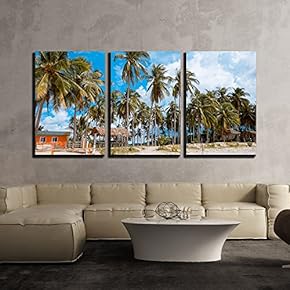 3 Piece Canvas Wall Art - Landscape of Coconut Palm Tree on Tropical Beach in Summer - Modern Home Art Stretched and Framed Ready to Hang - 16"x24"x3 Panels