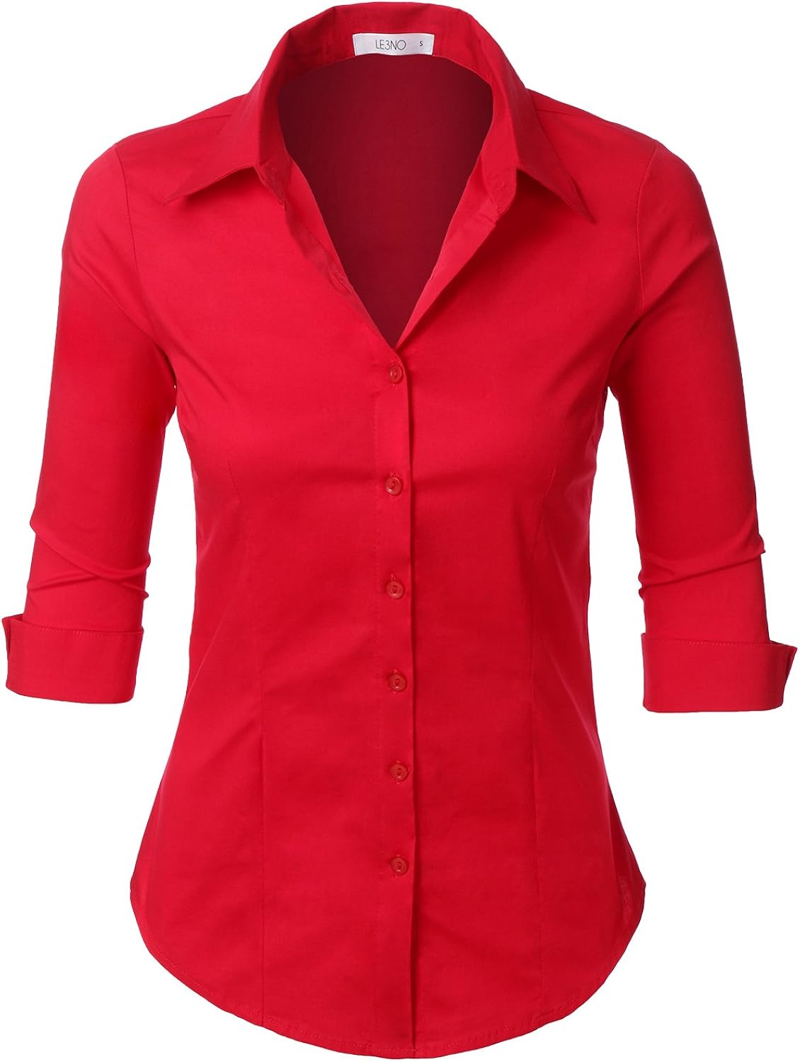 LE3NO Womens Slim-Fit 3/4 Sleeve V Neck Casual Work Shirts Top with Stretch