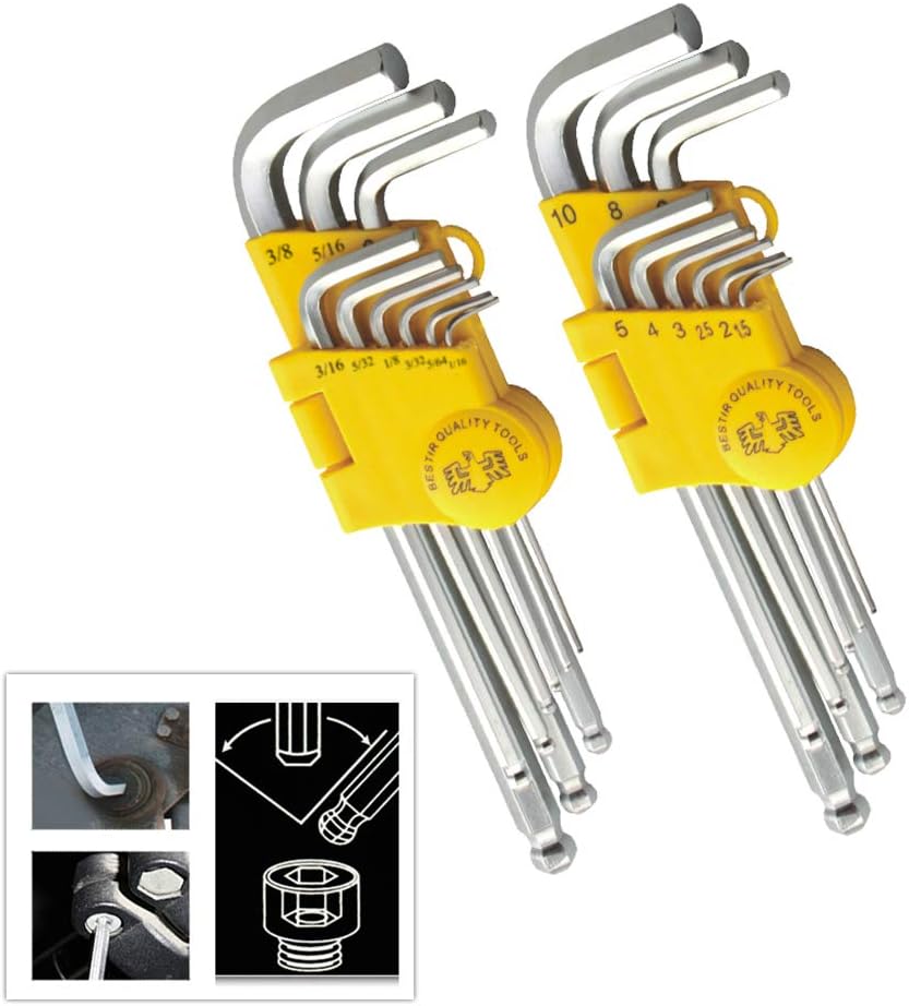 Hex Key Set, 18-Piece Long Arm Ball End Wrench Set, Inch and Metric Size