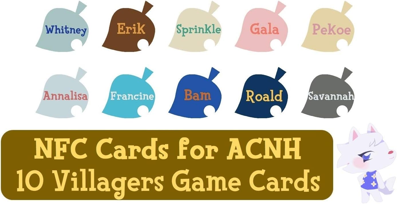 NFC Tag Game Cards for ACNH for Switch/Switch Lite/Wii U - Whitney, Erik, Sprinkle, Gala, Pekoe, Annalisa, Francine, Bam, Roald and Savannah
