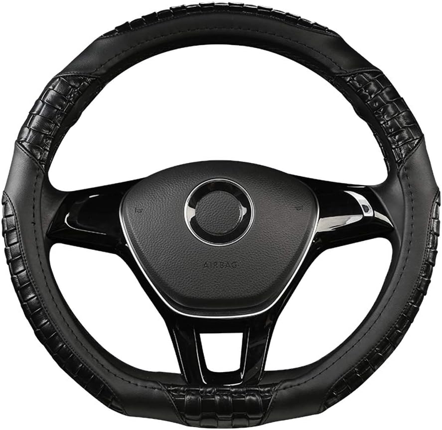 D Shaped Steering Wheel Cover, Leather Breathable Flat Bottom Shaped Steering Wheel Cover for Women Men 14.5in - 15in,Black,Black