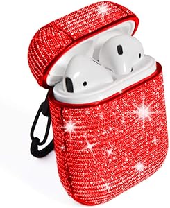 2019 Newest AirPods Case, HIDAHE AirPods Case, Bling Glitter AirPods Case Cover Protective Leather AirPods Accessories Kit for Women Kids Compatiable with Apple AirPods 1st/2nd Charging Case, Red