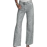 Unybwonn Straight Leg Jeans Rhinestone High Waisted Pearl Boyfried Denim Pants Sparkly Bling Glitter Bedazzled Jeans