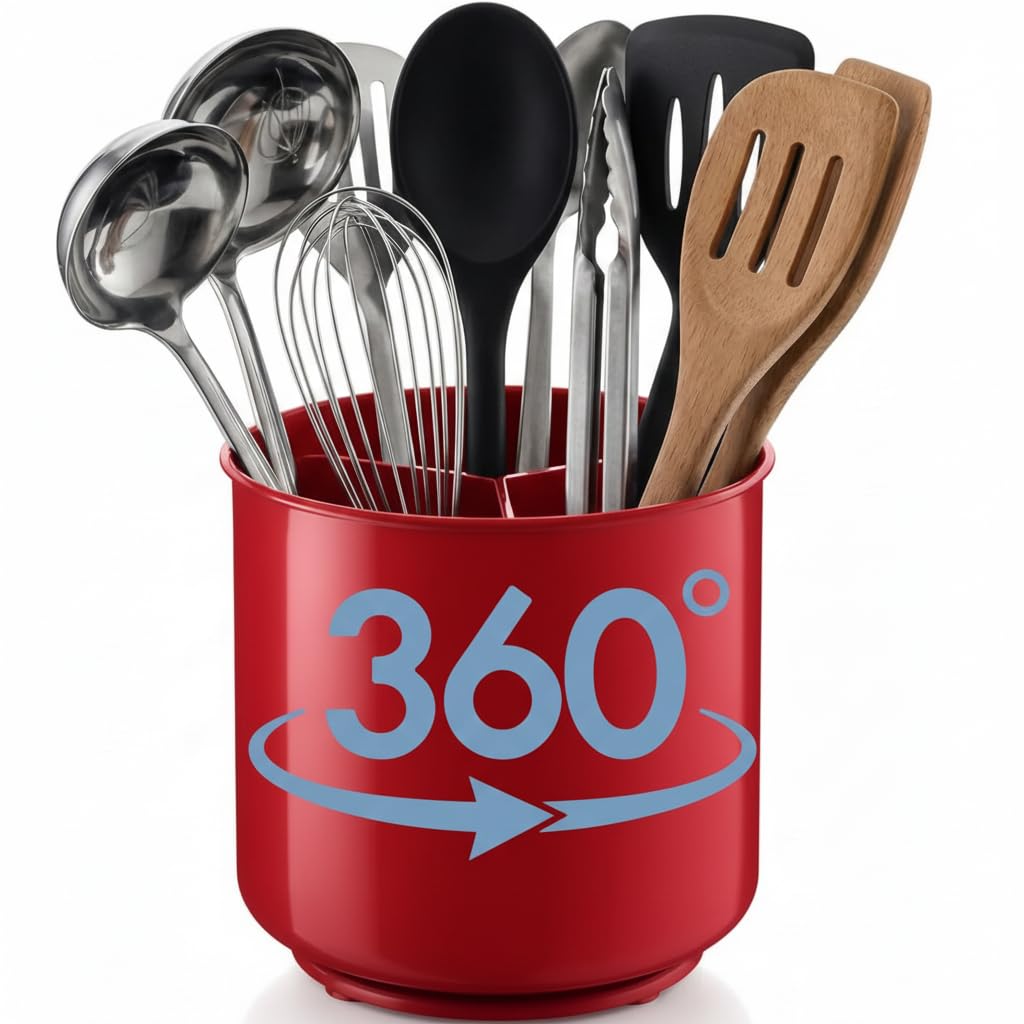 Extra Large Rotating Red Utensil Holder with Sturdy No-Tip Weighted Base, Removable Divider, and Gripped Insert | Rust Proof and Dishwasher Safe Kitchen Utensils Holder and Cutlery Holder โ image 1