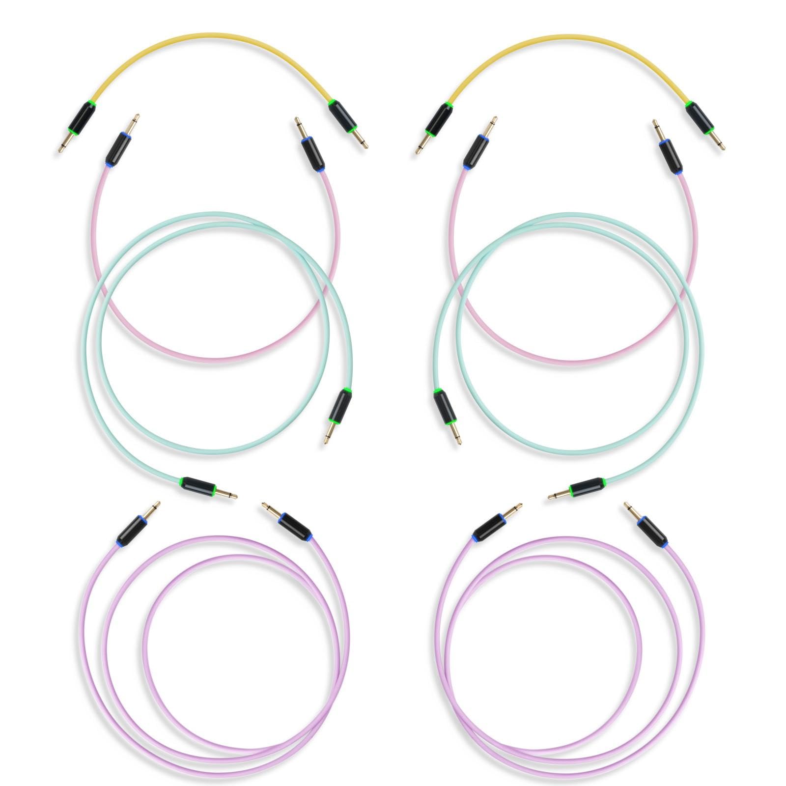MyVolts Candycords Halo LED patch cables 8-pack, straight mini mono jack to straight mini mono jack, 2x15cm Yellow, 2x30cm Pink, 2x50cm Green and 2x80cm Purple