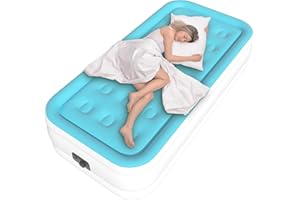 HikerSKY Twin Air Mattress with Built-in Pump, Single Air Bed with Portable Storage Bag, 18'' Blow up Mattress Suitable for Home and Guests, Top Flocking, 18" Twin Blue