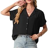 Mintreus Short Sleeve Button Up Women Low V Neck Loose Summer Tops with Pockets Beach Blouse