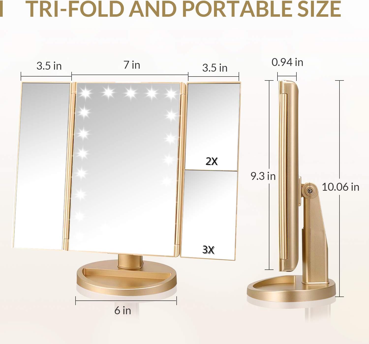 EASEHOLD Makeup Mirror with Lights 21 LEDs Lighted Vanity Mirror 2X 3X Magnifying 180 Degree Adjustable Desk Mirror with Touch Screen Dual Power Supply Countertop Trifold Cosmetic Mirror -