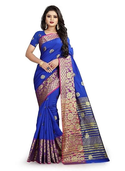 Buy Ethnic Ink Blue Colour Saree Golden Flower Print Purple Pink Colour Border Cotton Silk Matching Blouse Colour Option Available At Amazon In