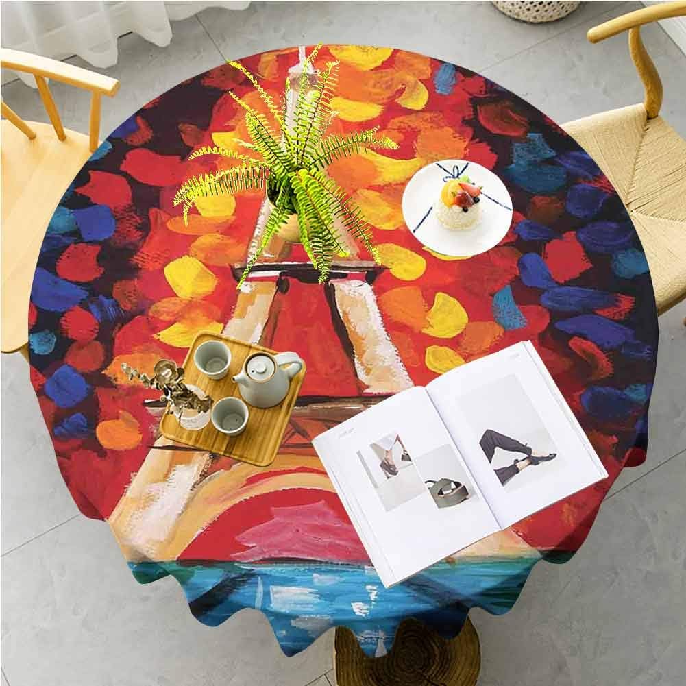 WinfreyDecor Eiffel Tower Soft Tablecloths Eiffel Tower Paris France Romantic Night with Colorful Oil Painting Print Polyester Spill-Proof Water Repellent for Outdoor Indoor, 35" Round Multicolor
