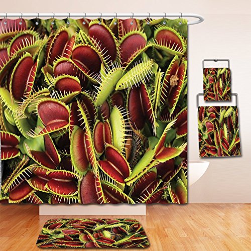 Nalahome Bath Suit: Showercurtain Bathrug Bathtowel Handtowel Horror House Decor Carnivorous Plant Frightening Botanic Foliage Danger Killer Nature Art Maroon Green