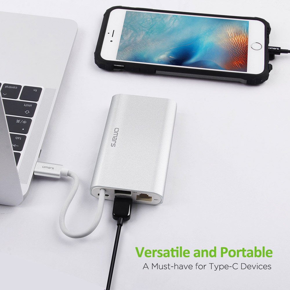 USB C Hub, OMARS 8-in-1 Type C Hub with HDMI 4K, VGA, 2 USB 3.0, Gigabit Ethernet, USB C Charging Port,SD/Micro SD(TF) Card Reader, Aluminum Design for MacBook/Chromebook/more Type C Devices - Silver