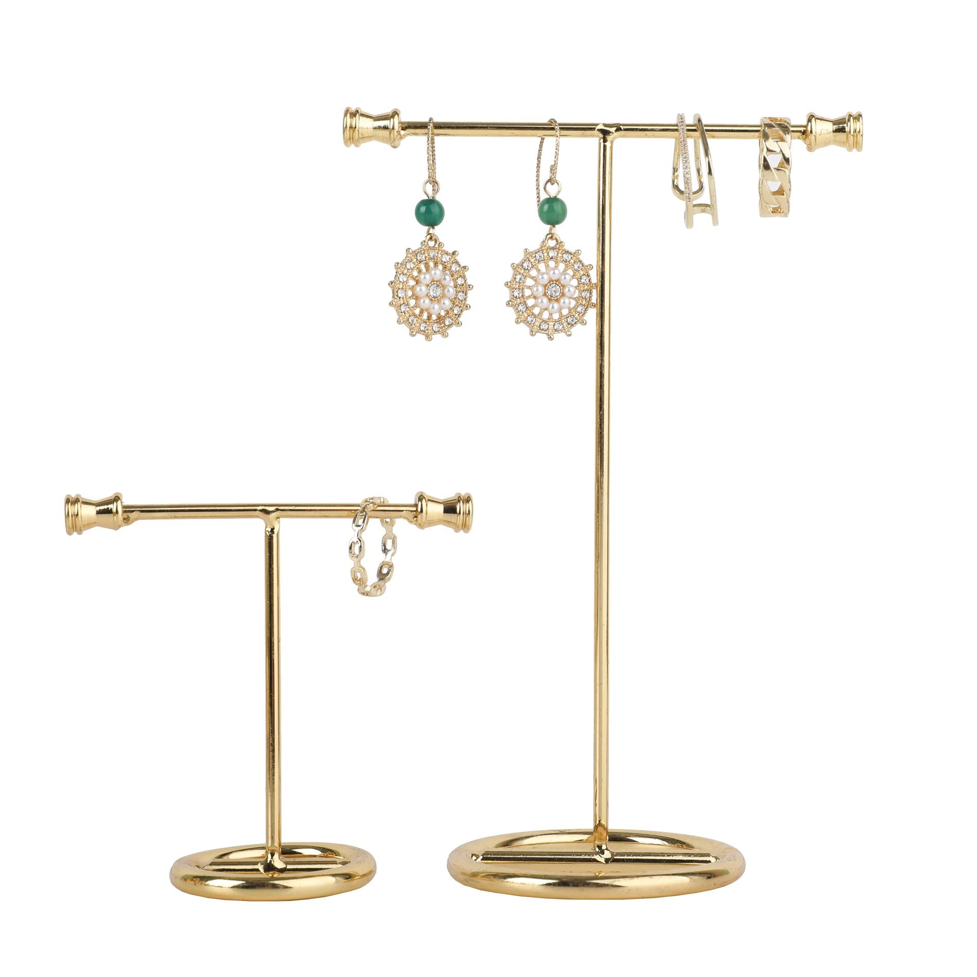 GemeShou 2pcs T Bar Earring Display Stand for selling, Gold Metal Jewelry earring holders, Earring T bar stand for online store Retail photography props【Gold- Round Base 2pcs 7.5cm and 15cm】