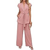 PRETTYGARDEN Women's Summer 2 Piece Outfits 2026 Cap Sleeve V Neck Blazer Vest Wide Leg Pant Sets Office Work Clothes