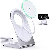 Magnetic Wireless Charger Stand, 15W Fast Charger for iPhone 18-12, AirPods | Detachable charging pad, N52 magnetic alignment, sleep-friendly indicator, portrait or landscape use, 5 ft USB-C cable, white