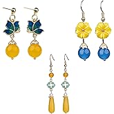 3 Pairs Yellow Jade Earrings for Women, Chinese Jade Dangle Earrings Set, Yellow/Blue Stone Earrings for Her, Boho Style Jewelry Accessory for Women, Chinese New Year Outfit, Gift