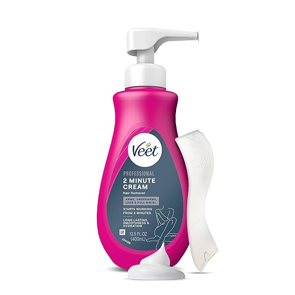 VEET PROFESSIONAL 2 MINUTE CREAM FOR ALL SKIN TYPES WITH SHEA BUTTER, FULL BIKINI & PUBIC HAIR REMOVAL, DERMATOLOGICALLY TESTED, 13.5 FL OZ BOTTLE W/SPATULA