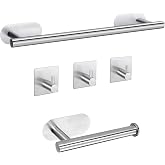 Self Adhesive Towel Bar, JiGiU Bathroom Hardware Set Include 16-Inch Bath Towel Bar,Toilet Paper Holder &amp; 3 Packs Towel Hooks SUS304 Stainless Steel Wall Mount No Drill Sticky on Towel Holder Kit