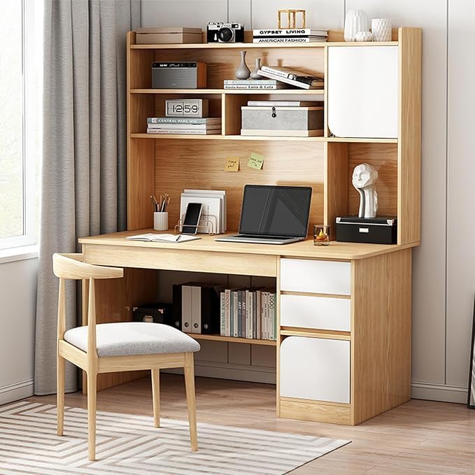 GGEROU Writing Study Table with Hutch Shelf and File Drawer,Large Computer Desk For Home Office,Standing Desk With Shelves Storag - Student Study Desk -Ideal for Gaming and Work (White/with Drawer)