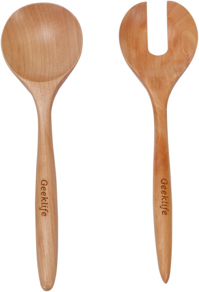 Geeklife Salad Fork and Spoon, Handmade Wood Salad Serving Set, 8.6
