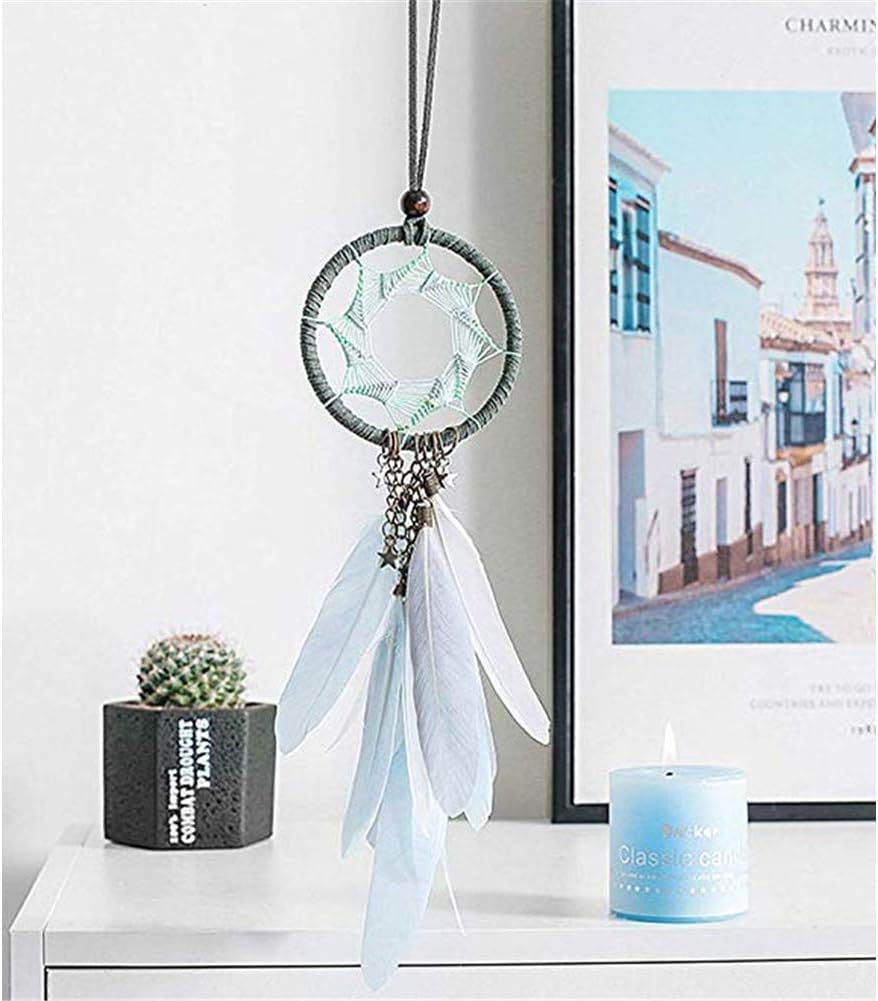 Artilady Small Dream Catcher for Cars - Bohemian Mini Dream Catchers for Cars Rear View Mirror Hanging Decoration (Feather Blue)