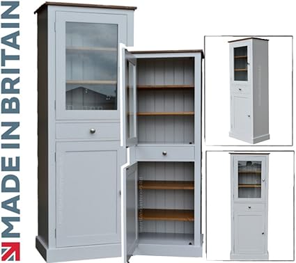100 Solid Wood Glazed Display Larder Cupboard 6ft Tall White