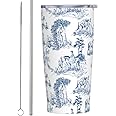 Blue Vintage Toile De Jouy 20oz Insulated Stainless Steel Tumbler With Lids And Straws Stainless Steel Double Wall Vacuum Insulated Travel Coffee Mug Leak-Proof Lid & Flip Lid For Hot And Cold Drinks