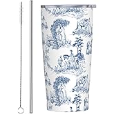 Blue Vintage Toile De Jouy 20oz Insulated Stainless Steel Tumbler With Lids And Straws Stainless Steel Double Wall Vacuum Insulated Travel Coffee Mug Leak-Proof Lid & Flip Lid For Hot And Cold Drinks