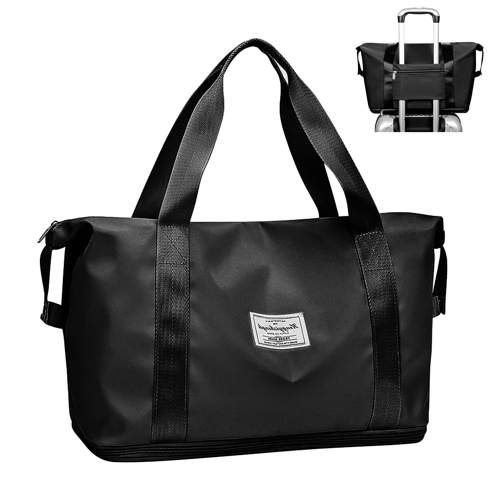 Weekend Bag for Women Overnight Bag Carry on Bag Holdalls Travel Bag for Women Gym Bag Waterproof Weekender Tote Bag Expandable for Vacation, Sports, Shopping (36L Black)