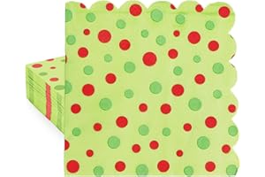 100Pcs Christmas Scalloped Paper Napkins 5x5 Dinner Luncheon Napkins Disposable Xmas Elf Guest Towels Red and Dark Green Polk