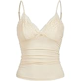 LOFAAC Women Sexy Y2K V Neck Lace Patchwork Cami Shirt Cute Slim Fit Sleeveless Spaghetti Strap Going Out Camisole Tank
