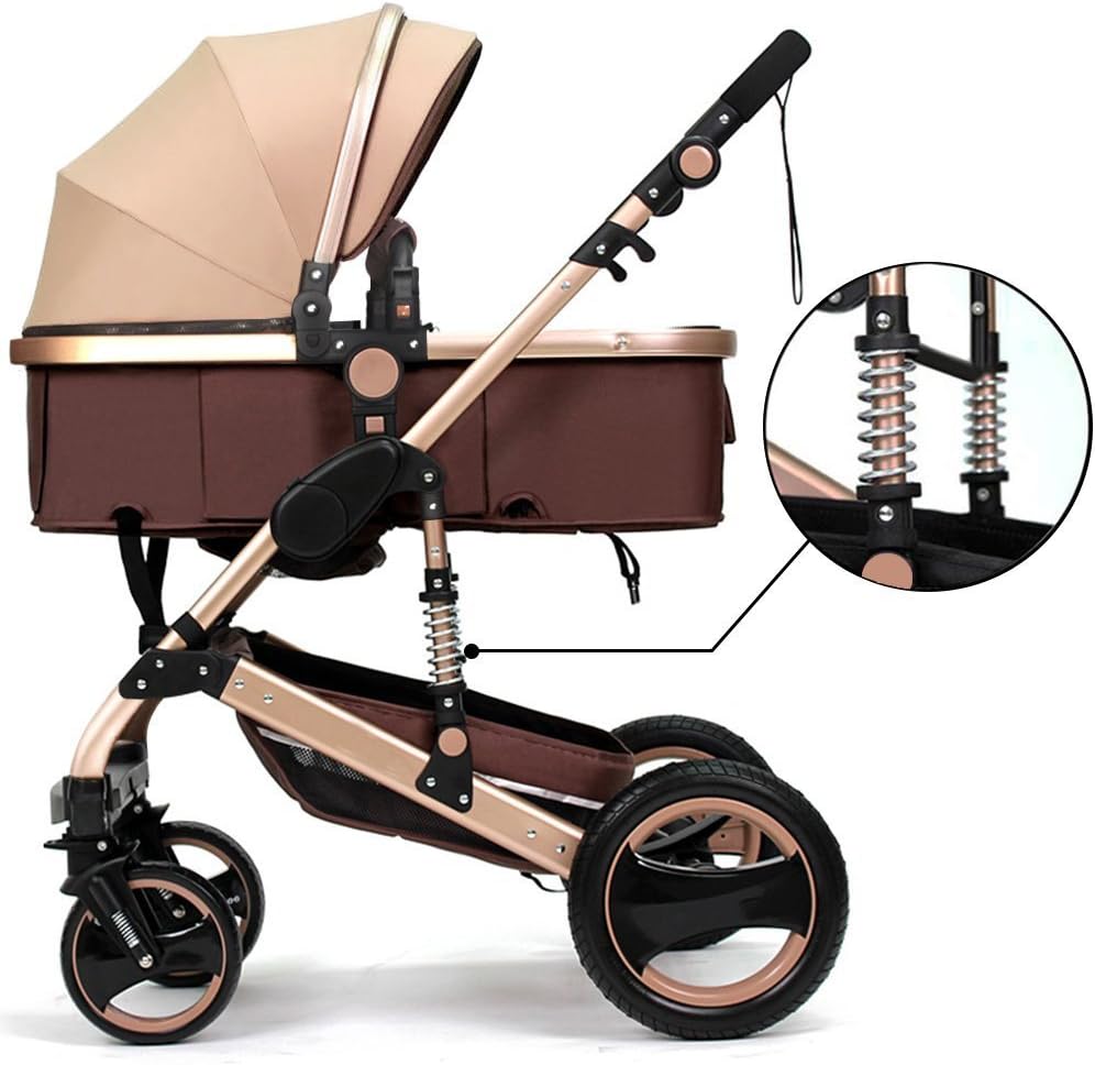 SWEETYBABY Luxury Newborn Baby Foldable Anti-Shock High View Carriage Infant Stroller Pushchair Pram for 0-36 Months Baby to Sit & Lie Down (Gold)