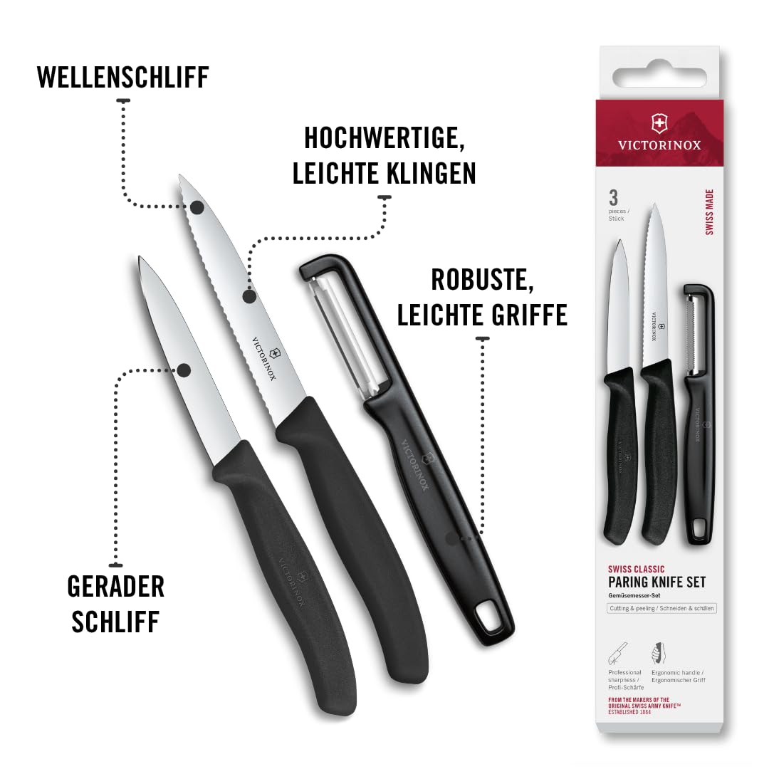 Victorinox Swiss Classic Gemüsemesser Set mit Sparschäler, Schälmesser und Tomatenmesser, 3-teilig, Extra Scharfe Klinge, Schwarz 5