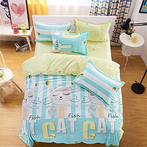 Cute Cartoon Design Cat&amp;Fish Pritnting Blue&amp;Yellow Bedding 100% Polyester Kids/Children Bedding Sets 4-Piece Duvet Cover Flat Bedsheet 2Pillowcase No Fade Queen/Full Size No Comforter