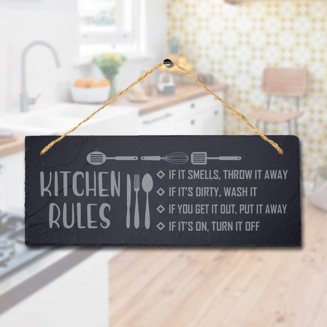 Stukk Rules If It Smells Laser Hanging Kitchen Home Sign, Natural Engraved Slate Stone Plaque, 30x12cm