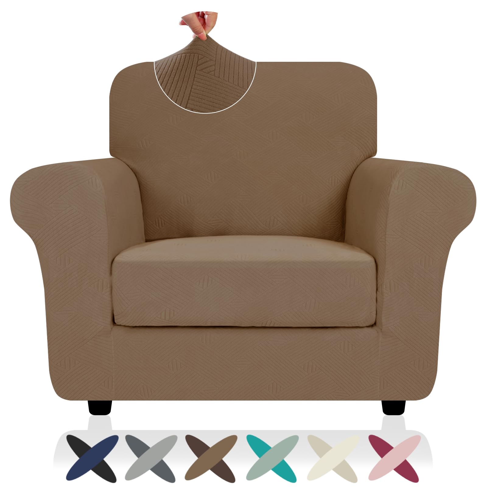 Photo 1 of 2025 Striped Chair Covers 2 Piece, Stretch Chair Slipcover with Arms for Living Room, Anti-Slip Armchair Cover with Bottom Ties, Thick Durable Washable, Soft Cozy Protector (31"-46", Light Coffee)